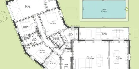Plan d'une maison plain pied moderne de 150m2 avec garage, piscine, terrasse, 3 chambres, bureau, cuisine et pièce de vie spacieuse.