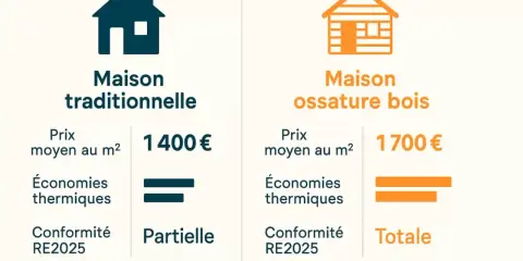 Comparaison : maison traditionnelle (1400€/m², économies partielles) vs maison ossature bois (1700€/m², économies totales). Le prix m² d'une maison ossature bois est plus élevé.