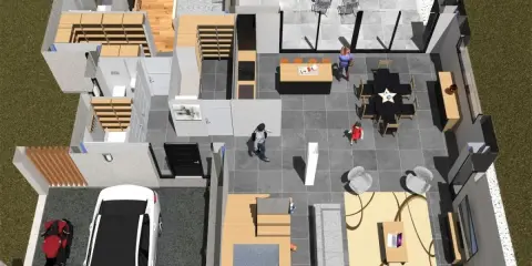 Vue aérienne d'un plan maison 4 chambres avec garage, salon, salle à manger, cuisine et terrasse.