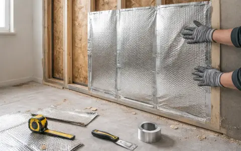 Pose d'un isolant mince sur un mur en construction. Des mains gantées ajustent le matériau réfléchissant. Outils de pose au sol.