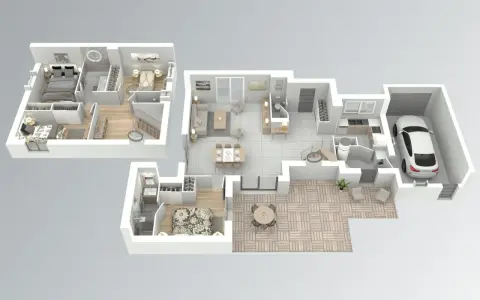 Exemple plan maison 3D : vue éclatée montrant plusieurs chambres, salon, salle à manger, cuisine, salle de bain et garage avec une voiture.
