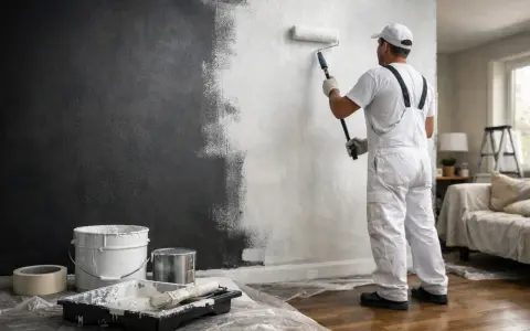Un peintre en salopette blanche est en train de repeindre un mur de couleur foncée en blanc, à l'aide d'un rouleau.