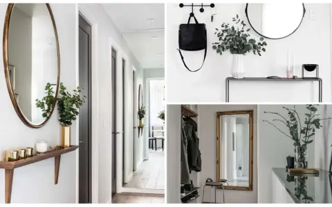 Idées pour aménager entrée étroite : miroirs, étagères fines, patères et plantes pour un espace fonctionnel et stylé.