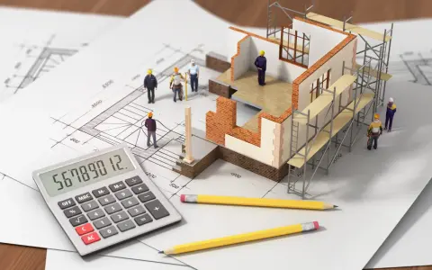 Maquette de maison en construction sur plans, avec des figurines d'ouvriers, une calculatrice et des crayons. L'inflation des matériaux de construction rend le calcul du budget complexe.
