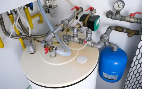 Vue rapprochée d'un chauffe-eau qui semble sur le point d'exploser par le haut, avec des tuyaux et un manomètre.