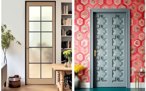 Deux portes, une vitrée style industriel, l'autre sculptée, montrent comment habiller une porte pour un intérieur moderne ou audacieux.