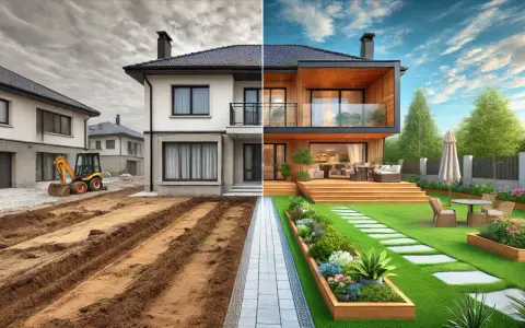 Avant/après : chantier d'une maison neuve transformé en jardin paysager luxuriant.