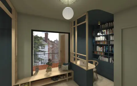 Un bureau caché dans le salon, intégré à une bibliothèque murale. Un espace de travail discret et fonctionnel.