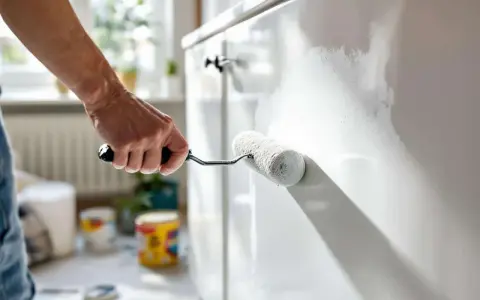 Main d'une personne appliquant de la peinture blanche sur un meuble pour le customiser.