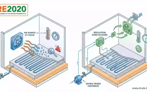 Schéma d'un plancher chauffant hydraulique montrant la régulation de l'air et de l'humidité pour un confort optimal.