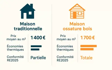 Comparaison : maison traditionnelle (1400€/m², partielle RE2025) vs maison ossature bois (1700€/m², totale RE2025). Le prix de construction maison bois est plus élevé mais offre plus d'avantages.