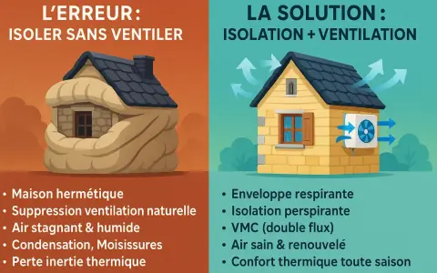 Schéma d'une maison autonome : l'erreur d'isoler sans ventiler cause humidité et moisissures, la solution est isolation et ventilation pour un air sain.