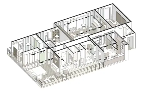 Plan architecte isométrique d'un appartement moderne avec chambre, salon, cuisine, salle de bain et bureau.