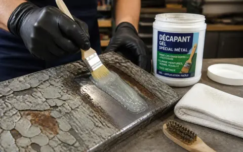 Application d'un gel pour enlever peinture sur métal sans décapant. Un pinceau dépose le produit sur une surface métallique écaillée.
