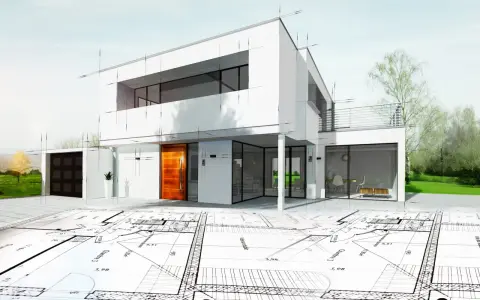 Plan maison etage : une maison moderne en cours de construction, superposée sur des plans architecturaux détaillés.