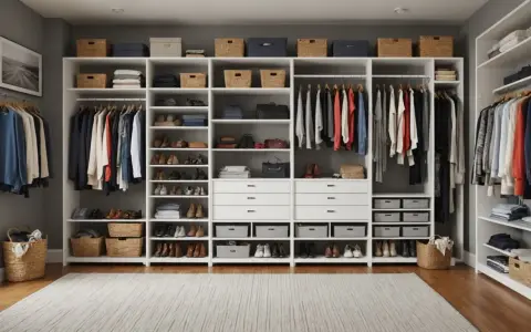 Système de rangement ouvert pour vêtements et chaussures, idéal pour comment ranger ses vêtements sans armoire. Paniers et étagères organisent tout.