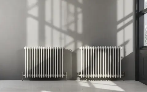 Deux radiateurs blancs classiques, parfaits pour reconnaître un radiateur haute température, projettent des ombres sur un mur gris.
