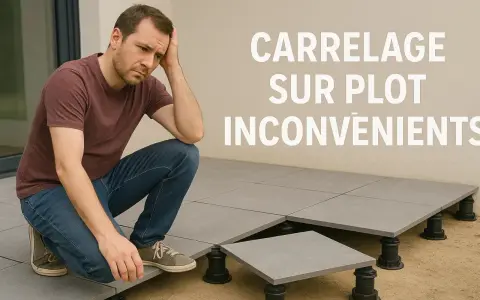 Homme pensif devant un carrelage sur plots. Le texte indique "Carrelage sur plot inconvénients", suggérant des difficultés avec cette méthode.