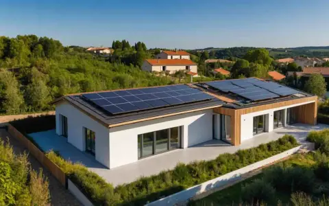 Une **petite maison passive** moderne avec des panneaux solaires sur le toit, entourée de verdure et de collines.