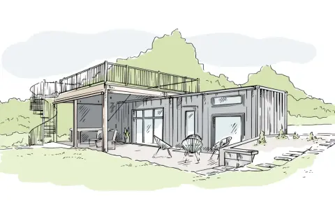 Une maison container moderne avec terrasse et escalier en colimaçon. Un design épuré pour une habitation contemporaine.