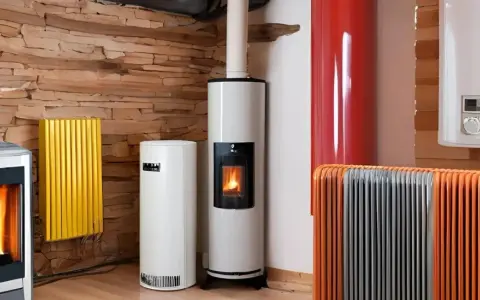 Plusieurs appareils de chauffage, dont des poêles à granulés et des radiateurs, sont alignés sur un mur en pierre. Un système de chauffage naturel pour un intérieur cosy.