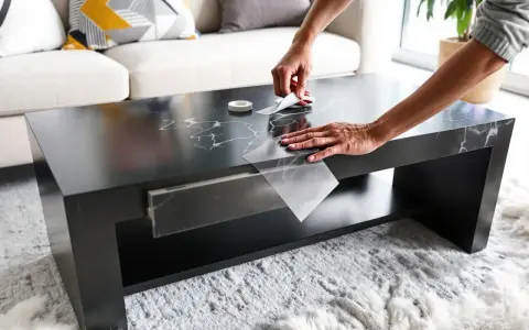 Mains appliquant un film adhésif marbré pour customiser une table basse noire.