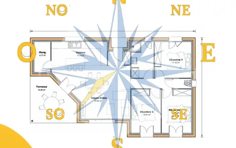 Plan de maison avec rose des vents superposée. Idéal pour faire un plan de maison optimisé pour l'ensoleillement.