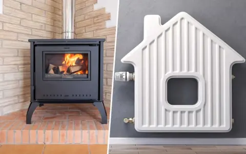 Poêle à bois et radiateur en forme de maison, symbolisant le raccordement poêle bouilleur chauffage central pour un confort optimal.