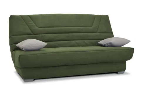 Canapé convertible vert kaki, deux coussins gris, taille clic clac standard. Parfait pour un petit espace.