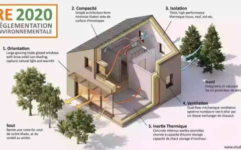 Plan d'une maison bioclimatique RE 2020 : orientation, compacité, isolation, ventilation, inertie thermique et protection solaire.