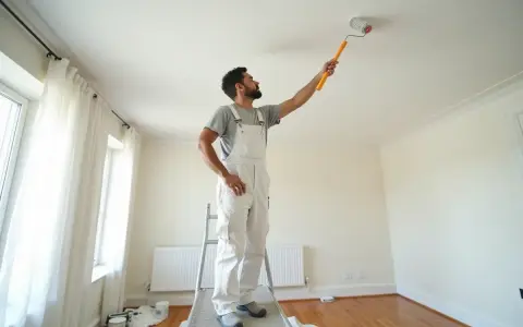 Peintre en bâtiment sur un escabeau, appliquant de la peinture au rouleau sur un plafond. Il est difficile de dire combien de temps pour peindre un plafond de 50m2.