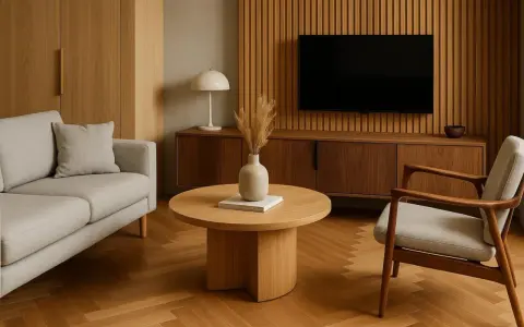 Comment aménager un salon en L : un canapé gris, une table basse en bois, un fauteuil et un meuble TV sur fond de lambris.