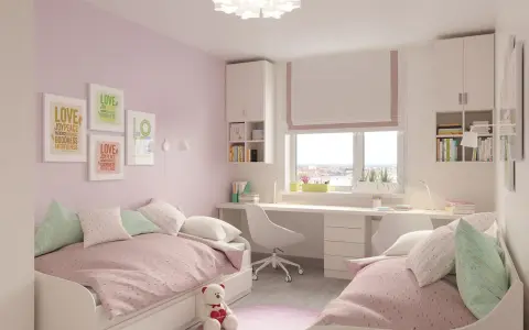 Chambre rose et blanche avec deux lits jumeaux, un bureau et des étagères, idéale pour séparer une chambre en deux.