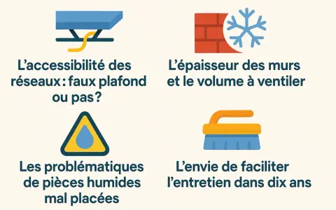 Conseils pour un installateur de VMC : accessibilité, épaisseur des murs, pièces humides et entretien futur.