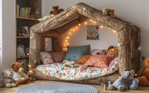 Un lit cabane en bois, décoré de guirlandes lumineuses, invite au jeu et à la lecture. Une belle idée pour une chambre d'enfant.