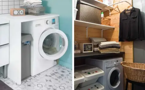 Aménagement d'une buanderie cellier fonctionnelle avec lave-linge, paniers à linge et rangements organisés.