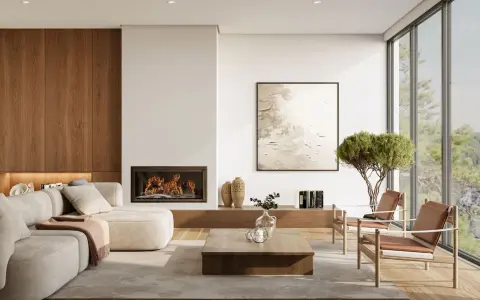 Aménagement d'un salon salle à manger de 30m2, avec un coin 25m2 pour le salon. Un feu de cheminée réchauffe l'espace.