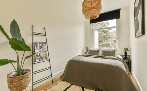 Chambre 9m2 avec salle de bain, lit douillet, plante verte et étagère murale. Luminaire en rotin au-dessus.