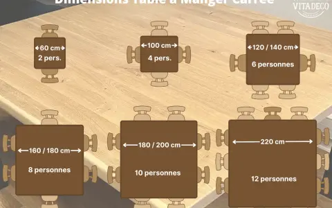 Guide des dimensions pour une table à manger carrée : de 60 cm pour 2 personnes à 220 cm pour 12 personnes.