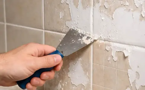 Main tenant enlever peinture sur carrelage avec une spatule. La peinture s'écaille sur les carreaux beiges.