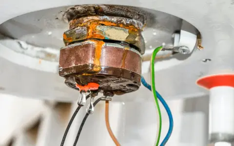 Gouttes d'eau tombant d'une chaudière qui fuit par le bas, signe de corrosion et de problèmes imminents.