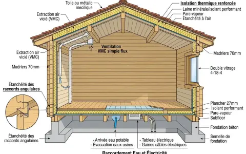 Coupe d'un plan chalet en bois montrant l'isolation, la ventilation VMC, les raccords étanches et les raccordements eau/électricité.
