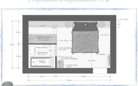 Plan d'une suite parentale de 15m2 avec dressing, salle de bain et chambre. L'agencement optimise l'espace.