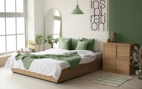 Chambre au nord lumineuse avec murs blancs et un mur vert sauge. Le lit est orné de coussins et d'une couverture vert menthe, apportant une touche de fraîcheur.
