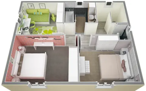 Plan d'une maison de 40m2. Le sol de cette maison de 40m2 comprend deux chambres, un salon, une salle de bain et une cuisine.