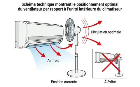 Schéma montrant comment positionner un ventilateur pour une circulation d'air optimale avec un climatiseur. Le mode fan du climatiseur est bien utilisé.