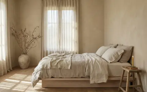 Chambre paisible aux tons sable, avec un lit douillet, des rideaux légers et une bougie. Une ambiance qui invite à se demander quelle est la meilleure couleur pour une chambre.