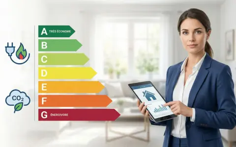 Une femme en costume bleu présente une tablette affichant des données sur la classe énergie d'une maison. L'échelle de A (très économe) à G (énergivore) est visible.