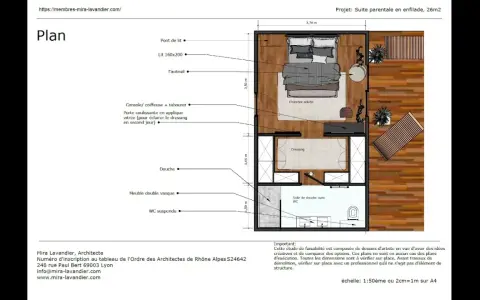 Plan d'une suite parentale en enfilade de 26m2, comprenant chambre, dressing, salle de douche et terrasse.