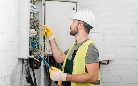 Un électricien artisan, casque blanc et gants jaunes, manipule des fils dans un tableau électrique.